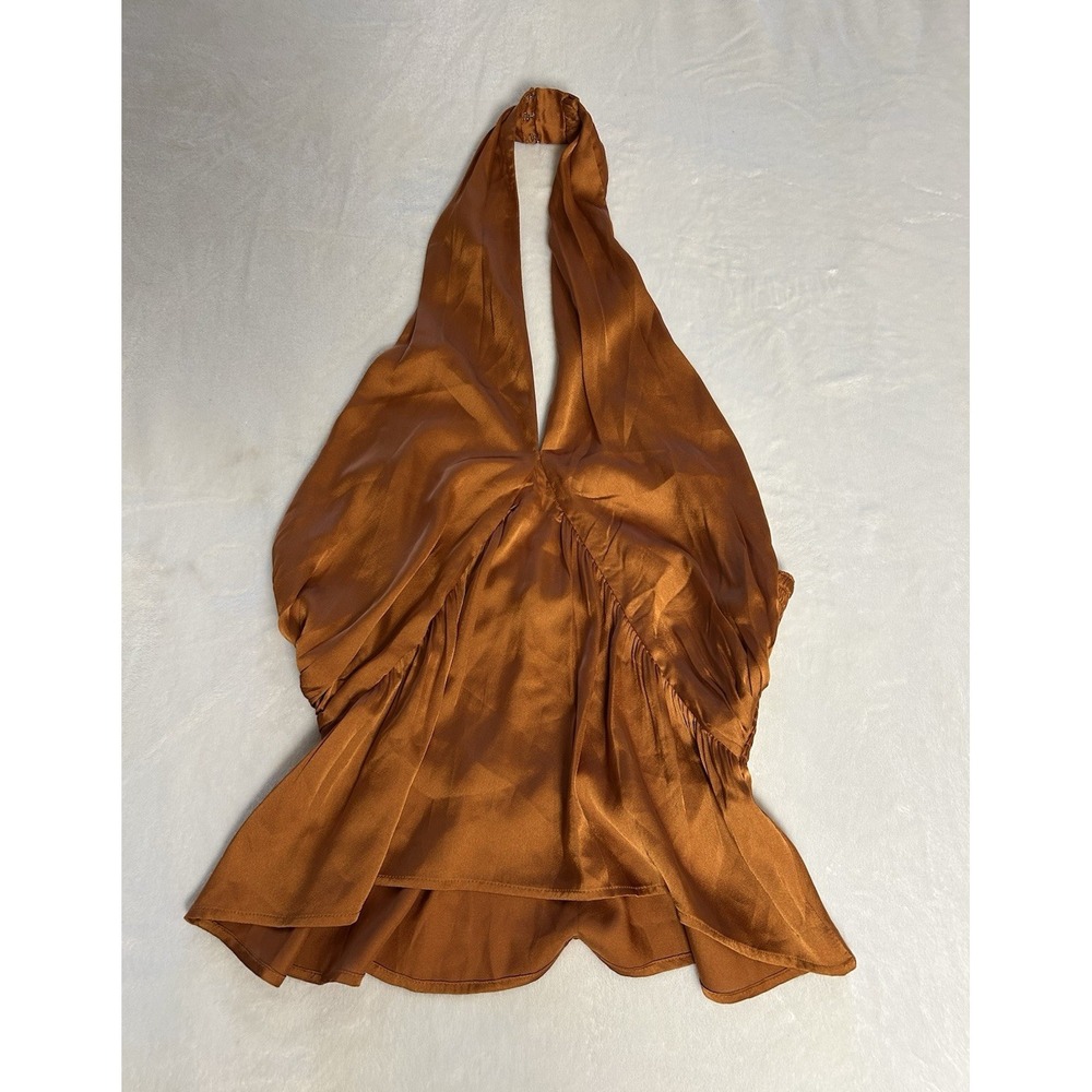 French Connection Rust Orange Satin Halter Neck Smocked Ruffle Peplum Blouse M